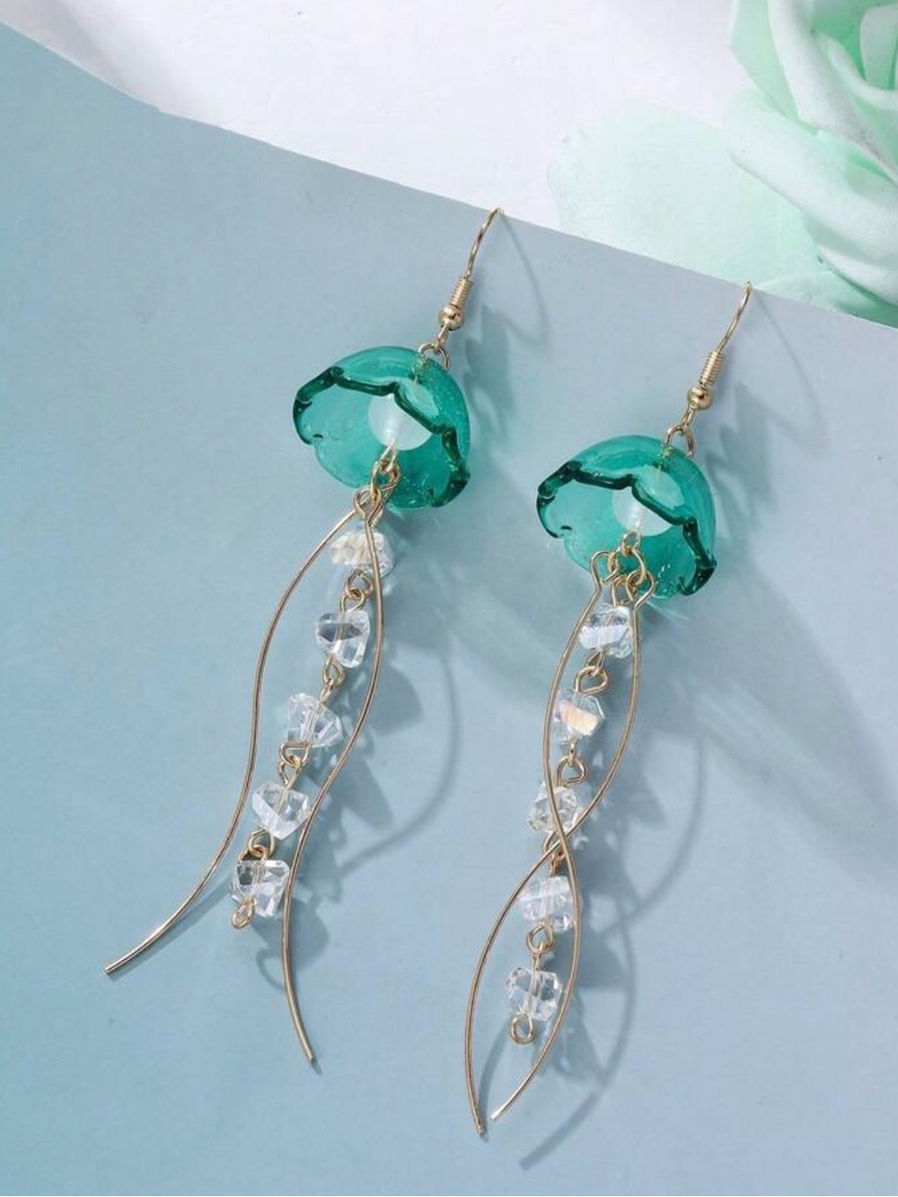 Sea Glass Blue Jellyfish Dangle Earrings with Gold Accents - Picture 2 of 6